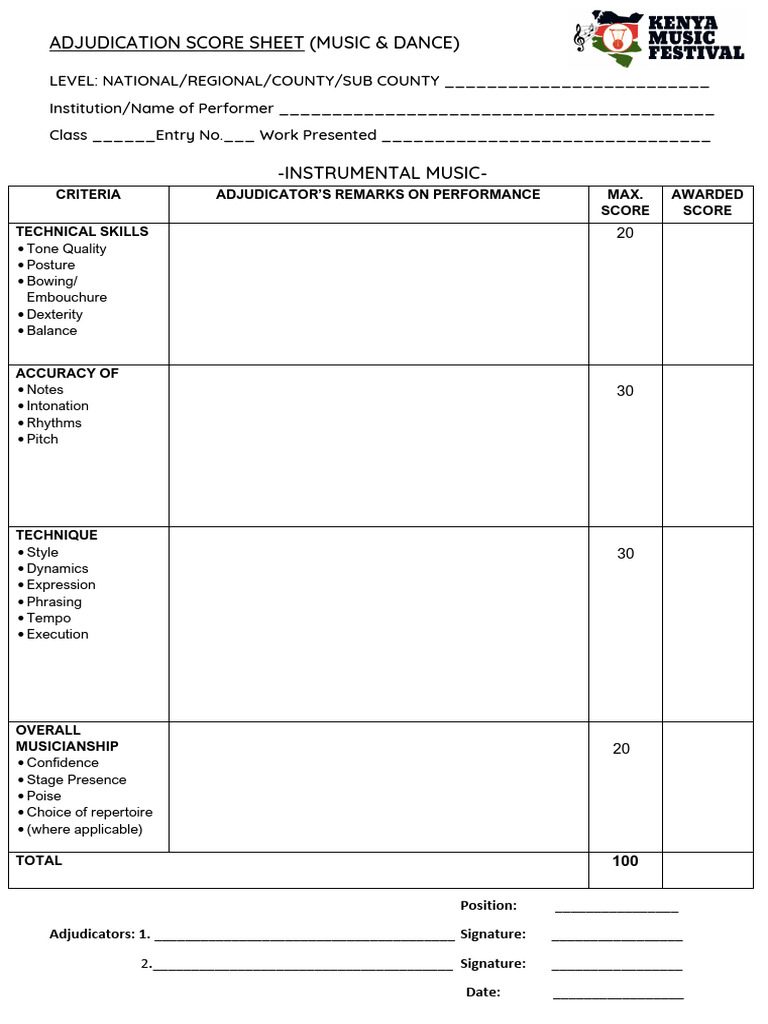 Music & Dance Adjudication Score Sheet | PDF | Dances | Elements Of Music