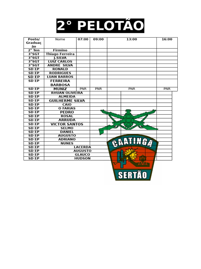 Escala do 2° Pelotão: Turnos e Nomes | PDF