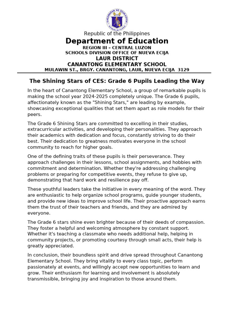 The Shining Stars of CES | PDF | Teachers | Behavior Modification