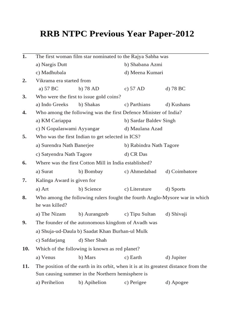 RRB NTPC Exam 2012 Paper 2 1 | PDF | Area | Length
