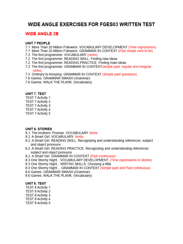 FGES03- Unit 2- EXERCISES WIDE ANGLE FOR FGES03 WRITTEN TEST