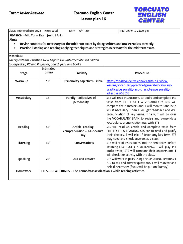 Intermediate English Lesson Plans | PDF | Learning | Linguistics
