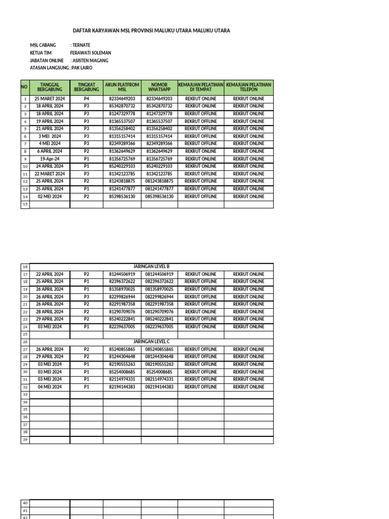 Data Karyawan MSL (Lina) | PDF