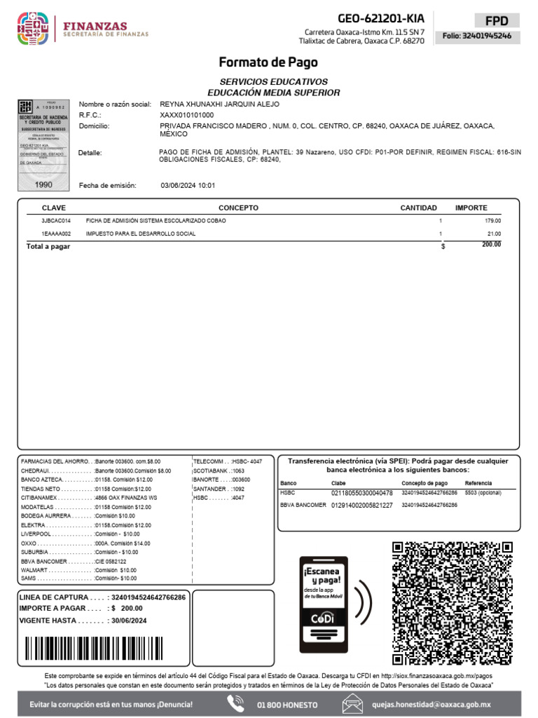 Comprobante de Pago Ficha Admisión COBAO | PDF | Bancario