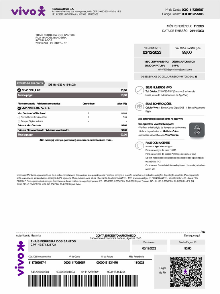 Fatura Vivo Dez | PDF