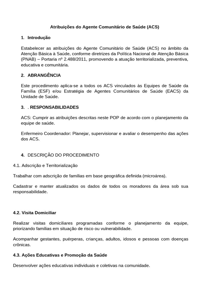 Atribuições do Agente Comunitário de Saúde | PDF