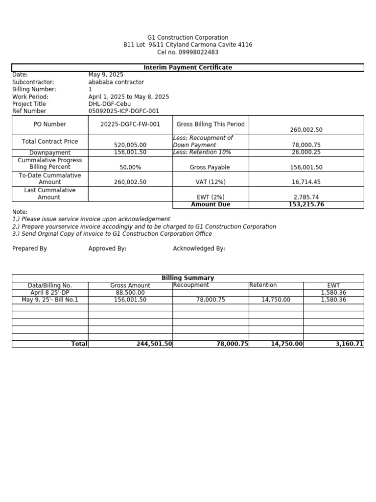 Cumulative Progress Billing Summary | PDF