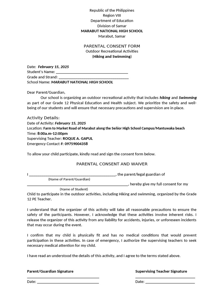 Parental Consent for Outdoor Activities | PDF | Consent