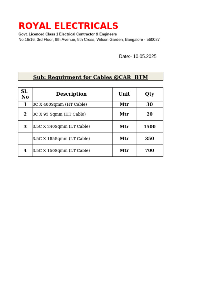 Cable Requirements for Electrical Project | PDF