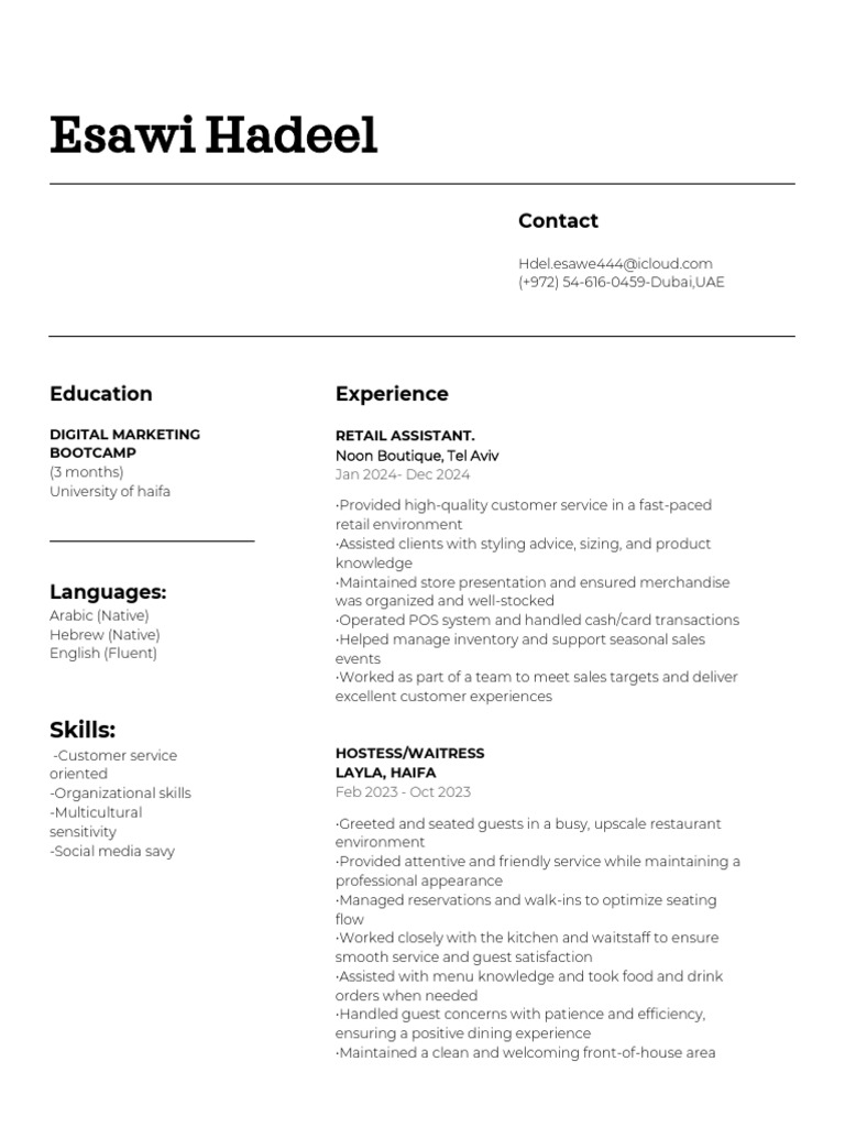 Esawi Hadeel: Retail & Hospitality CV | PDF