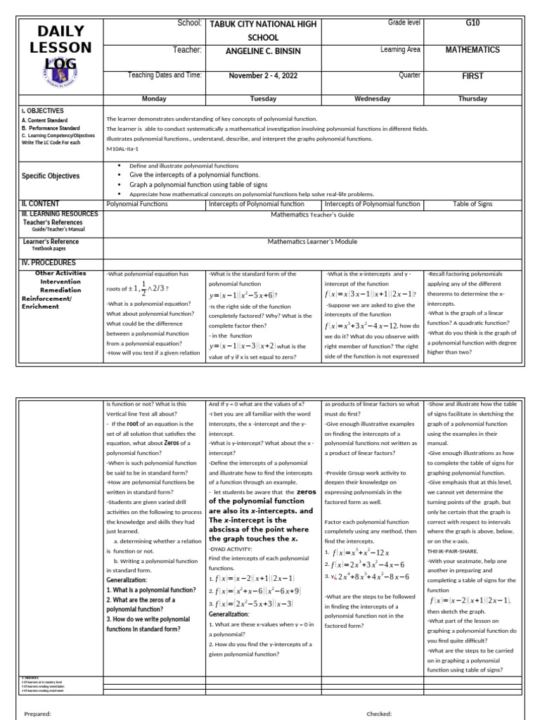 G10 Mathematics Daily Lesson Log: Polynomial Functions | PDF | Function ...