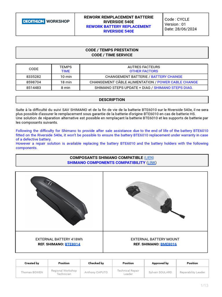 Remplacement batterie BTE6010 Riverside 540E | PDF