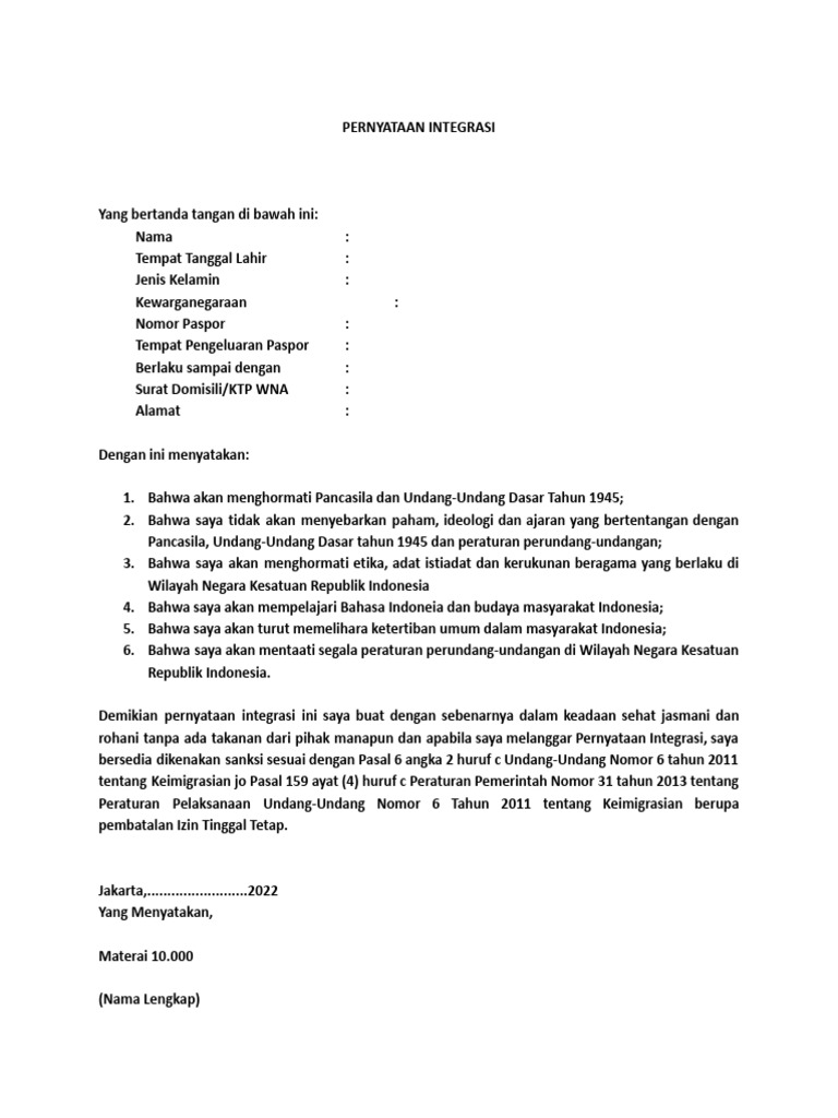 Surat Pernyataan Integrasi WNA | PDF