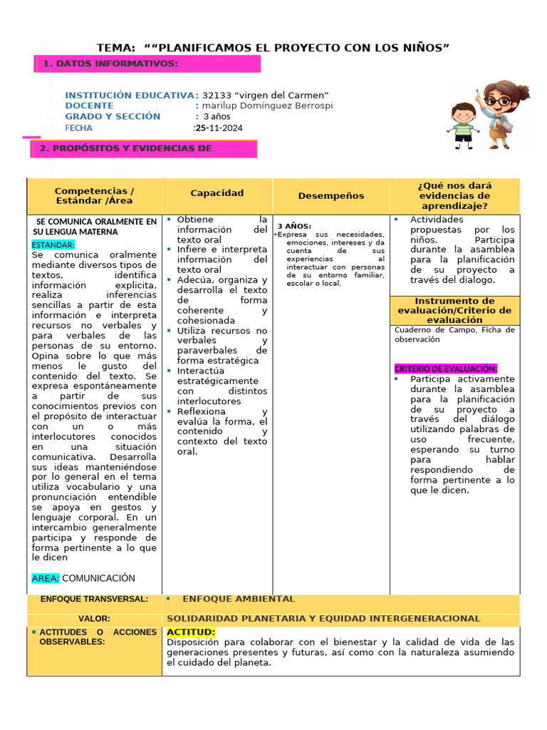 Planificación de Proyecto Educativo Infantil | PDF | Evaluación ...