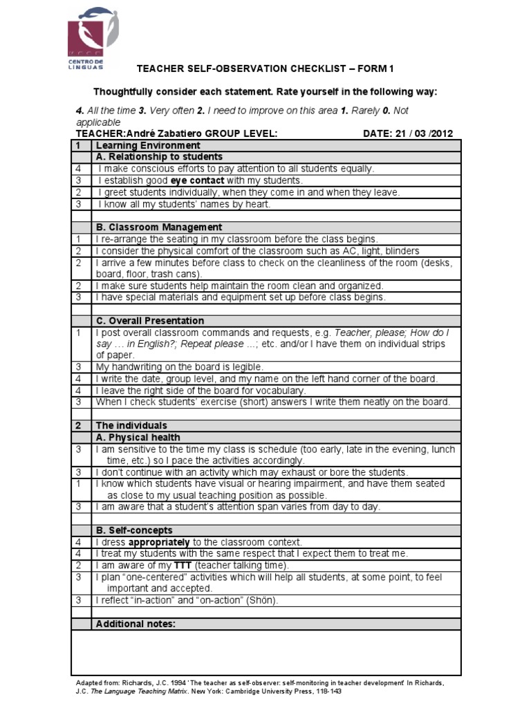Teacher Self-Observation Checklist Form | PDF | Classroom | Teachers