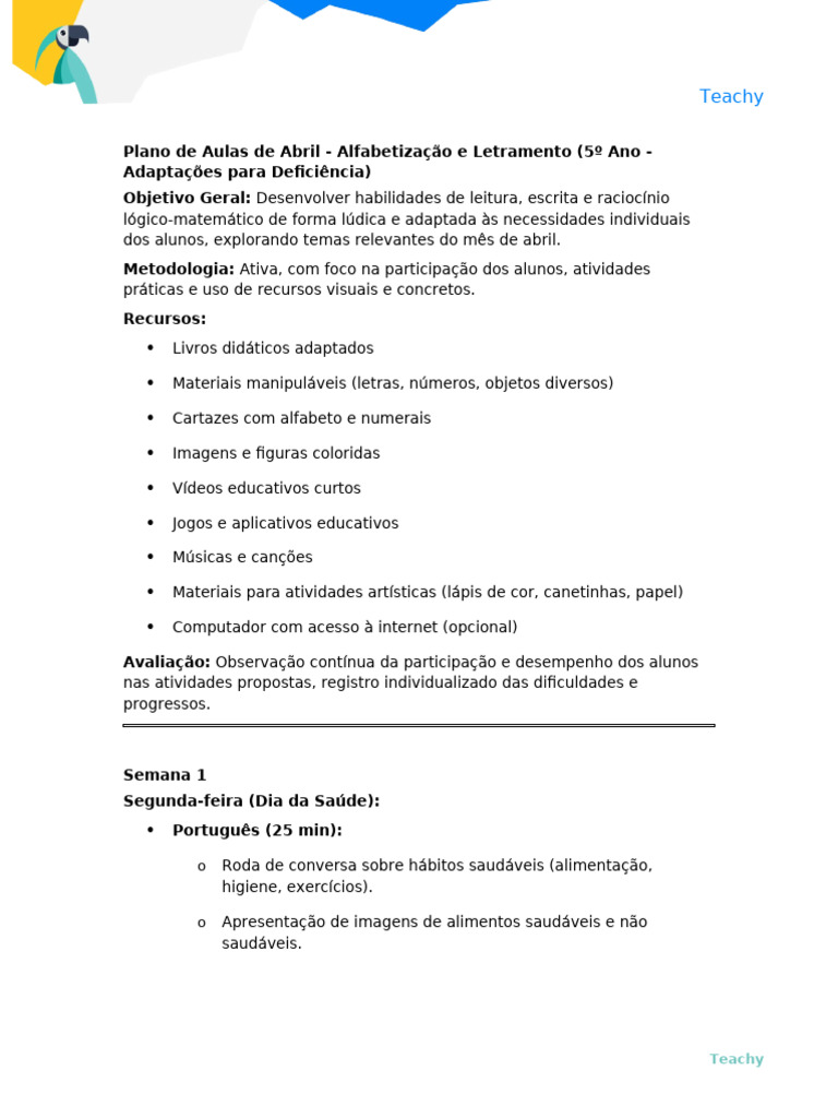 Plano de Aulas Abril: Alfabetização Inclusiva | PDF | Matemática | Páscoa