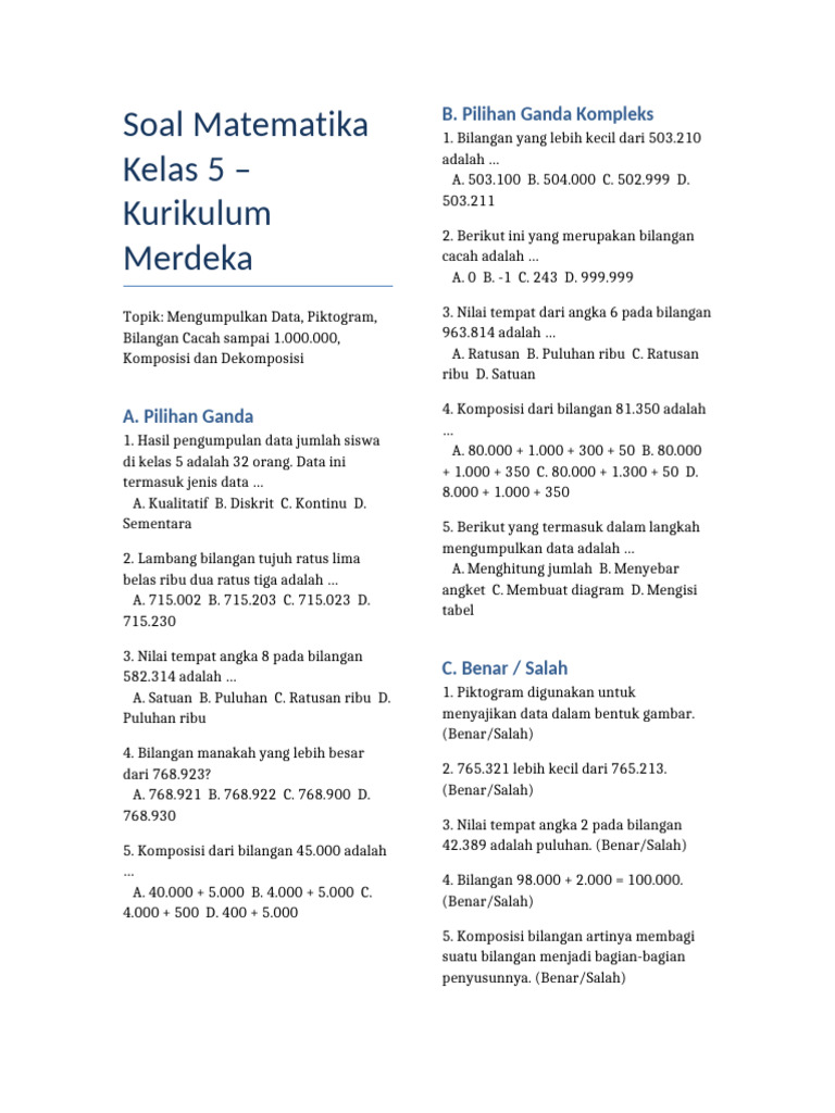 Soal Matematika Kelas 5 Kurikulum Merdeka | PDF