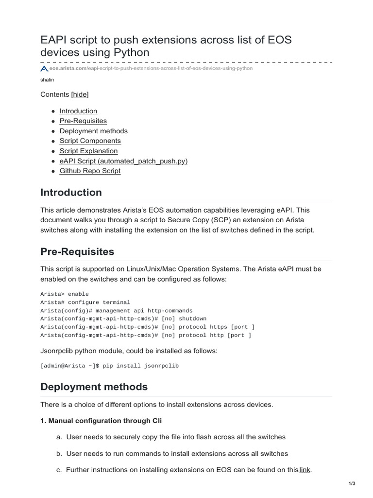 Arista eAPI Script for Extension Deployment | PDF | Scripting Language ...