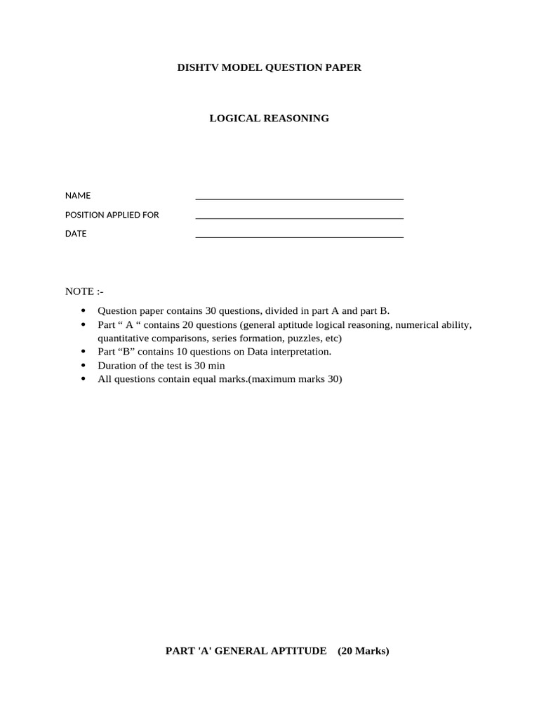 DISHTV Logical Reasoning Test Paper | PDF | Expense | Percentage