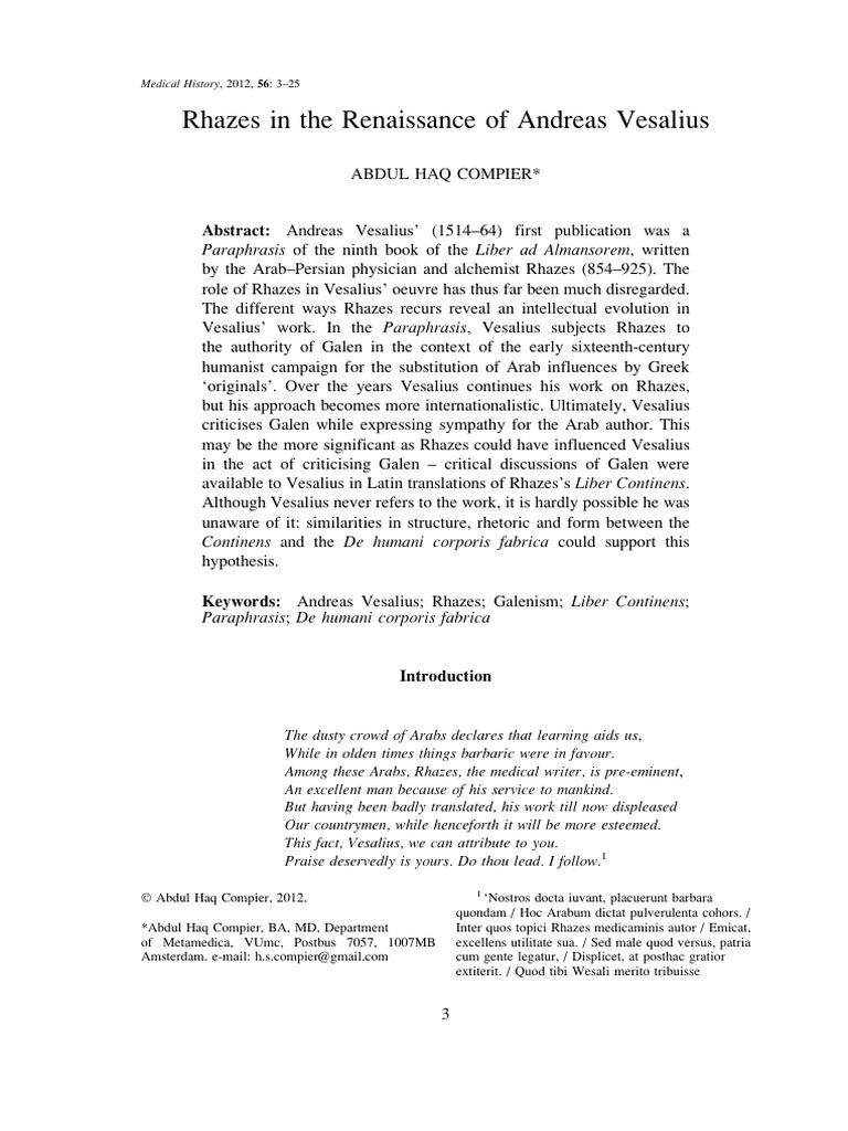 Compier - Rhazes in The Renaissance of Andreas Vesalius | PDF