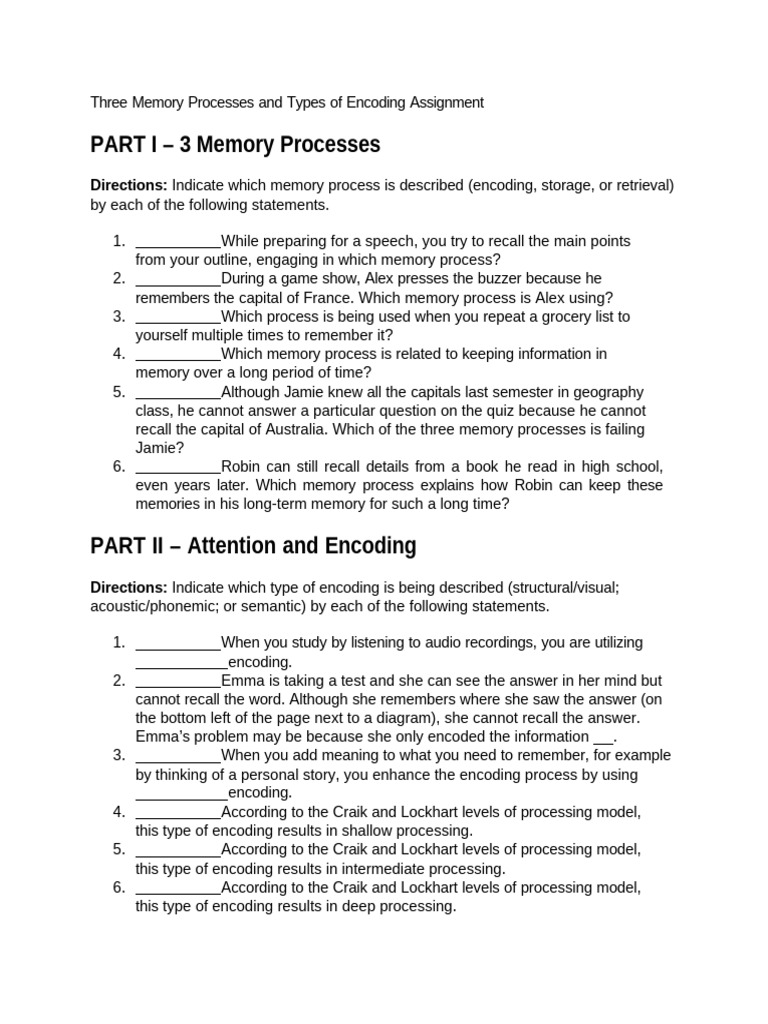 PART I - 3 Memory Processes: Directions | PDF | Memory | Neuroscience