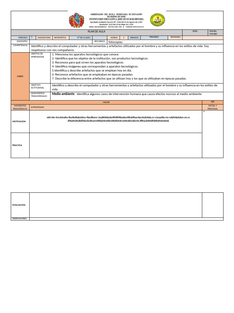 Formato PLAN DE AULA 2022 | PDF | Salón de clases | Aprendizaje