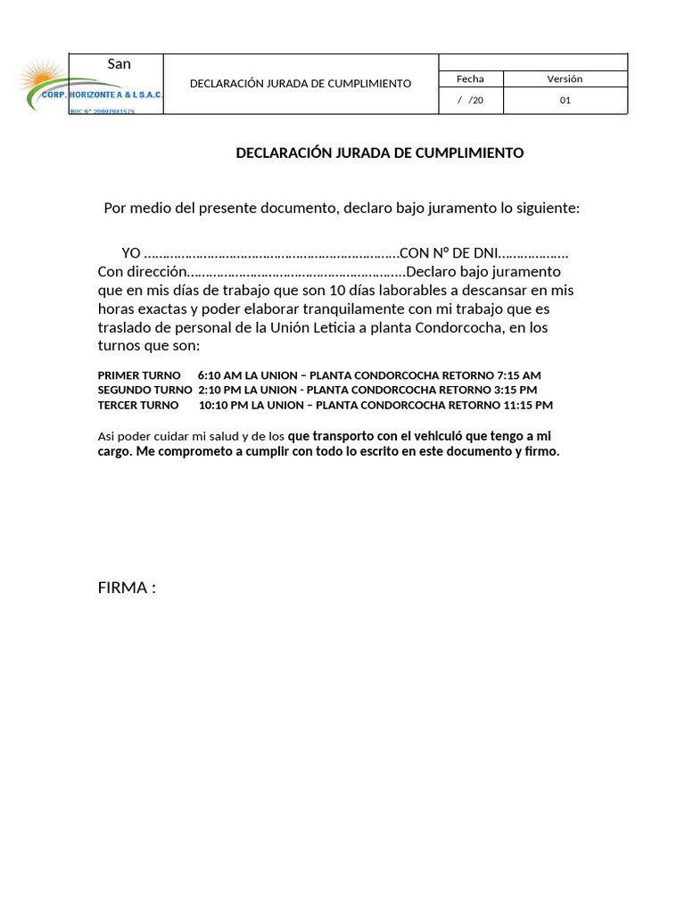 Declaración Jurada de Cumplimiento Laboral | PDF