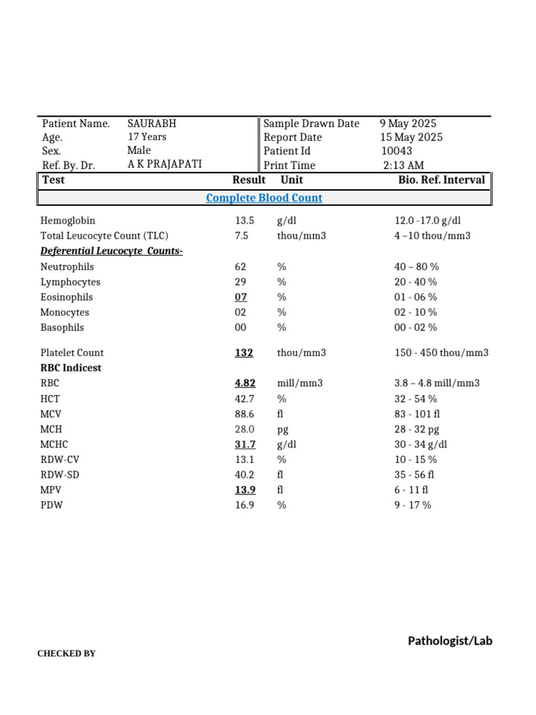 Complete Blood Count Report for Patient | PDF