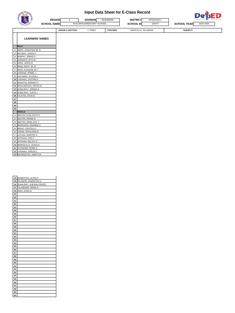 Kiulom Elementary School Class Record | PDF