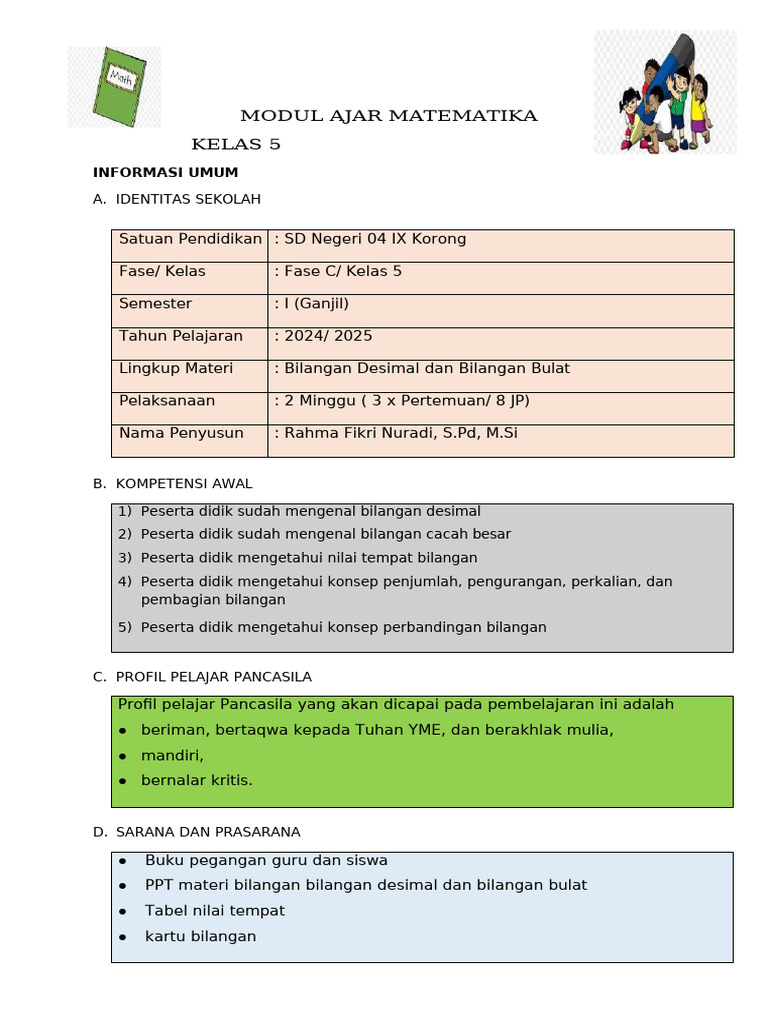 Modul Ajar Matematika Kelas 5: Bilangan Desimal | PDF