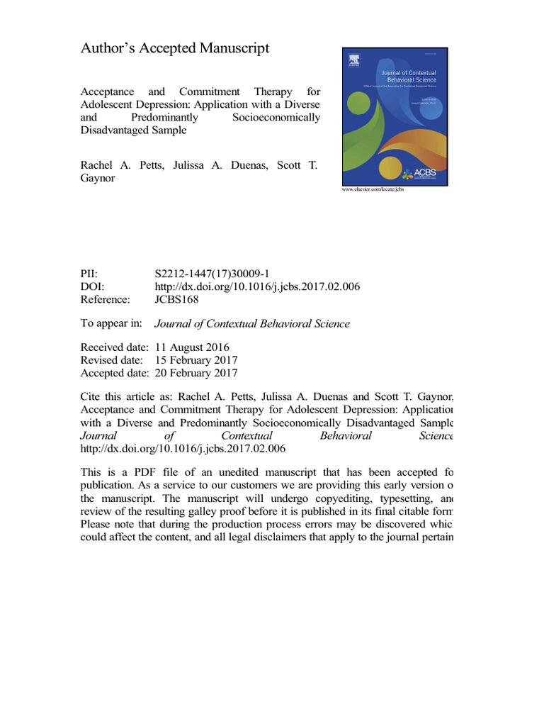 Acceptance and Commitment Therapy For Adolescents Depression | PDF ...