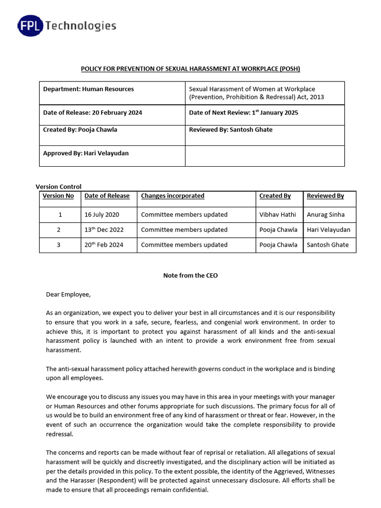 POSH Policy for Workplace Safety | PDF | Sexual Harassment | Hostile ...