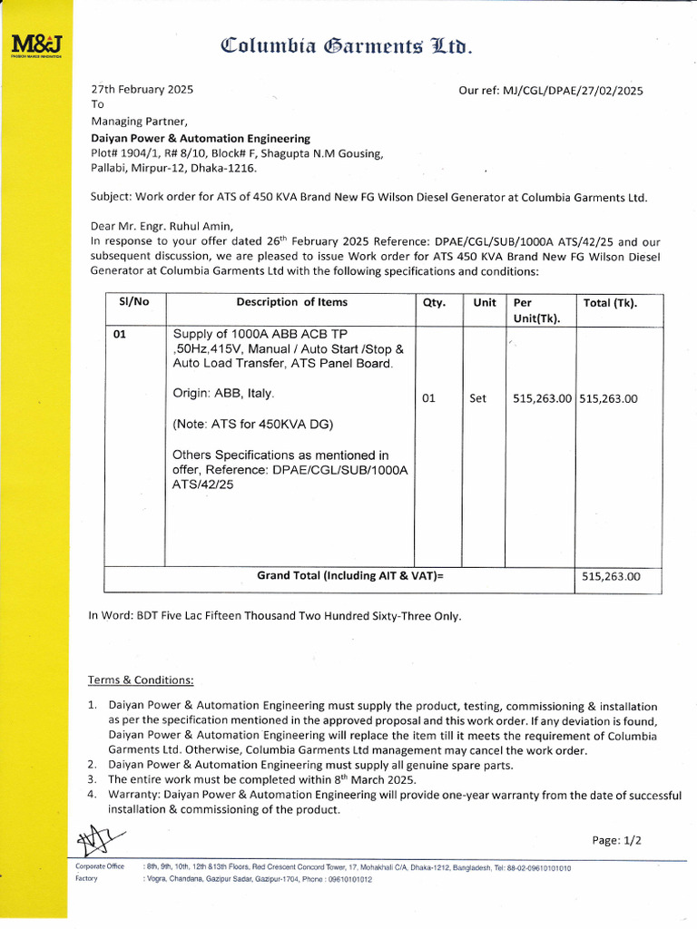 Work Order of ATS For 450KVA Generator (CGL) | PDF