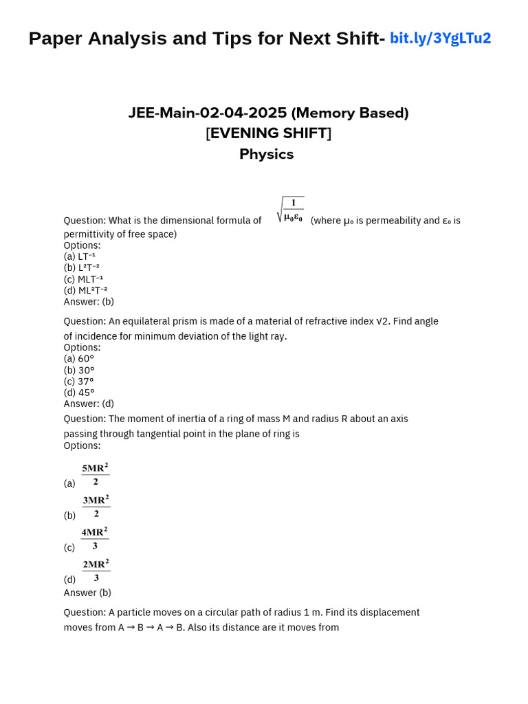JEE Main 2025 Session 2 Paper Analysis | PDF | Waves | Mass