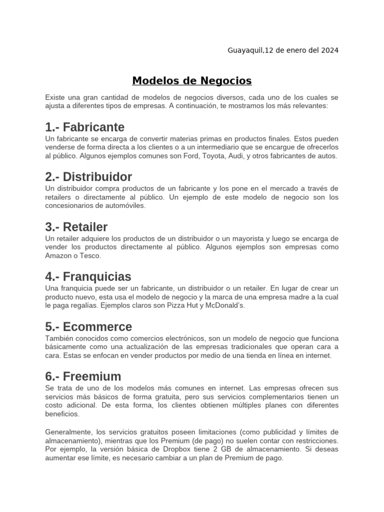 Tipos de Modelos de Negocios Explicados | PDF | Al por menor | Comercio ...