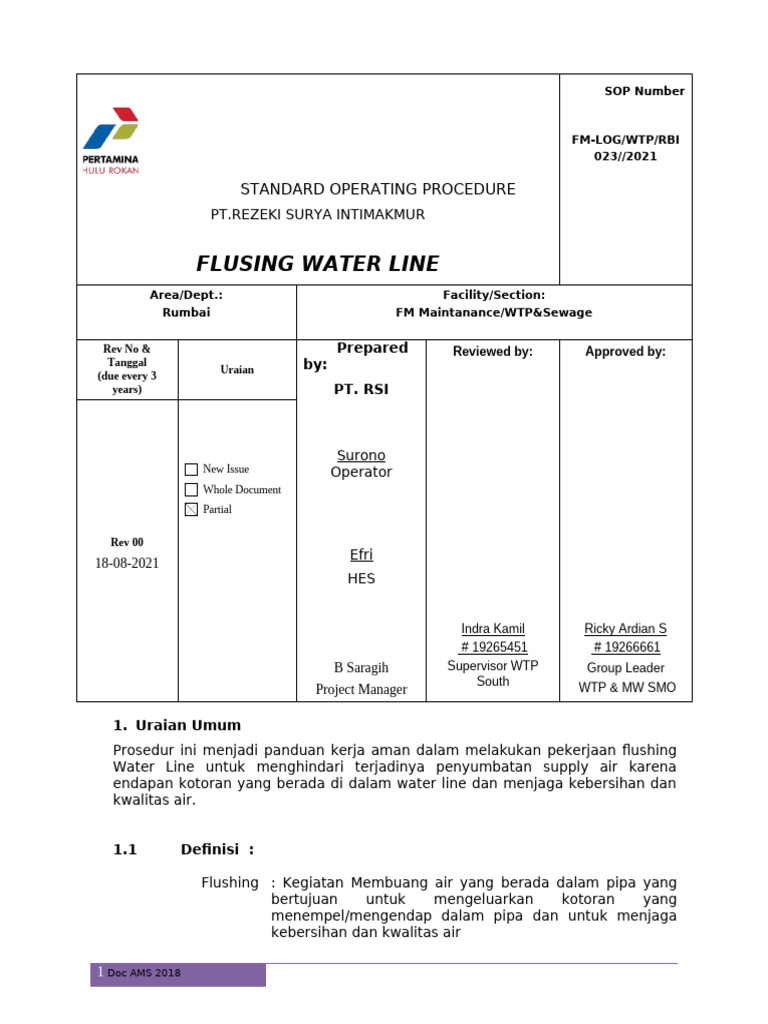 Prosedur Flushing Water Line SOP | PDF