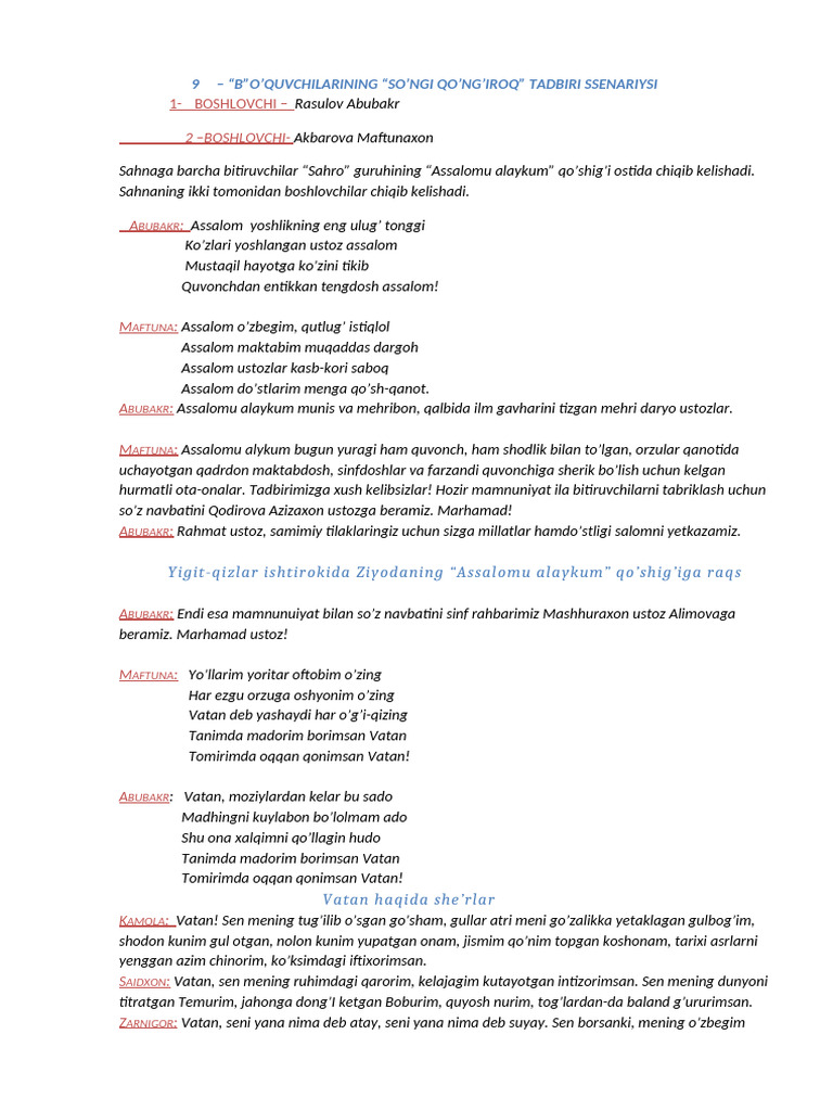 So'nggi Qo'ng'iroq Tadbirimiz Ssenariysi! | PDF