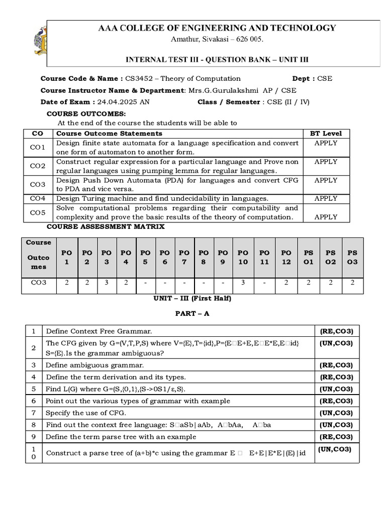CS3452 Theory of Computation Overview | PDF | Metalogic | Models Of ...