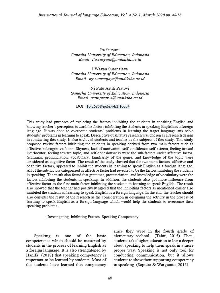 Investigating The Inhibiting Factors in Speaking | PDF | English As A ...