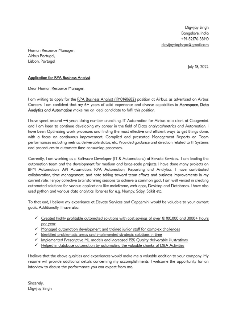 Digvijay Cover Letter Airbus | PDF | Analytics | Automation