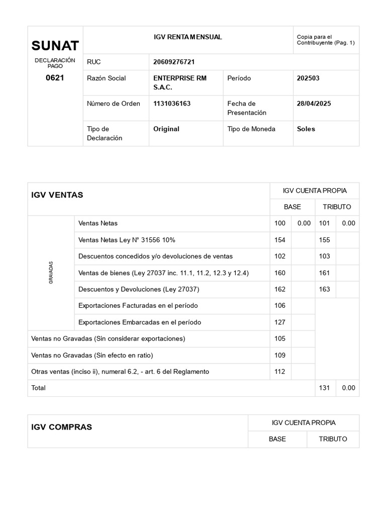 Declaración IGV y Renta Mensual SUNAT | PDF