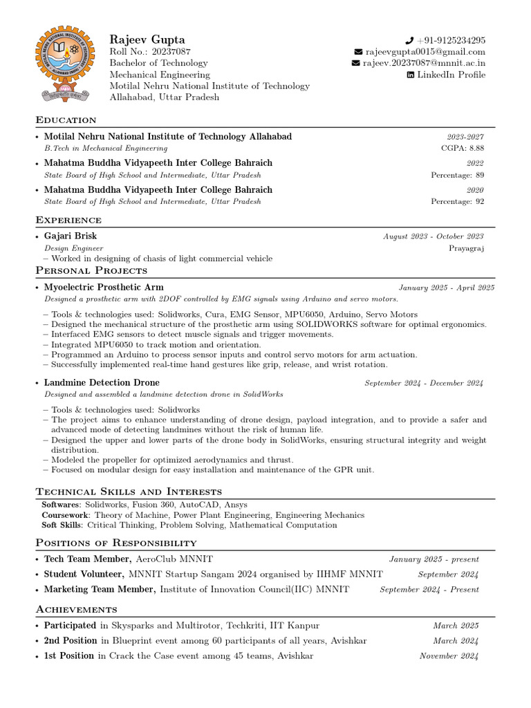 SLIET Punjab Resume Template 1 | PDF | Electromyography | Prosthesis