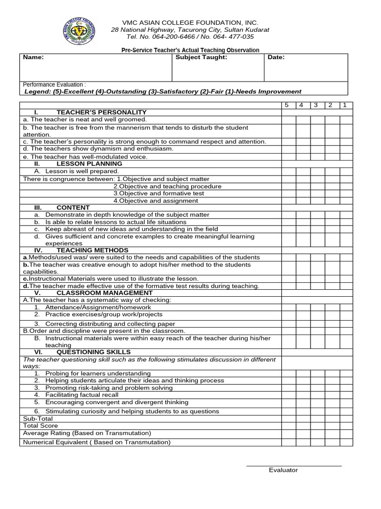 Teacher Observation Evaluation Form | PDF | Teachers | Teaching Method