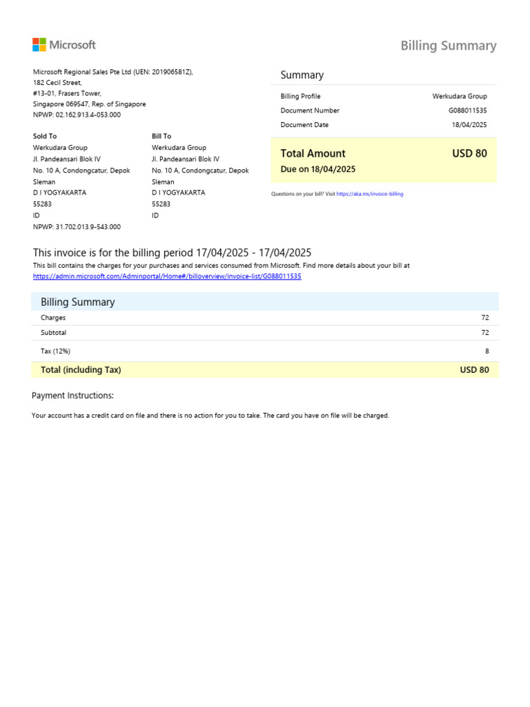 Billing Summary: Total Amount USD 80 | PDF | Invoice | Payments