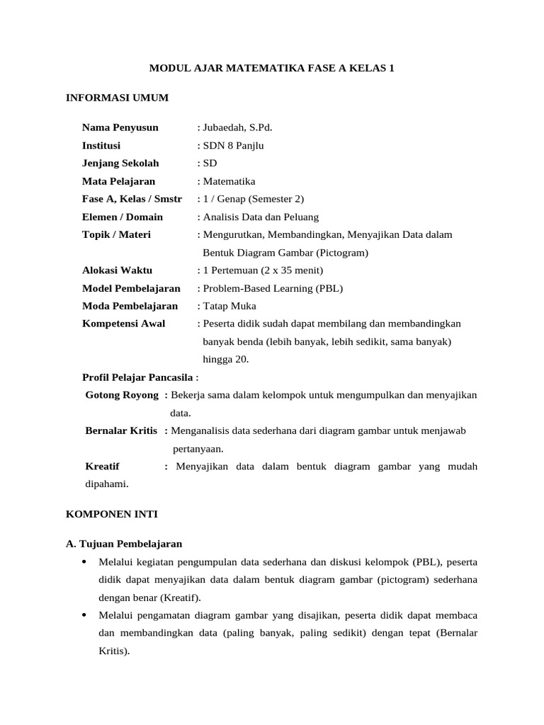 Modul Ajar Matematika Kelas 1 | PDF