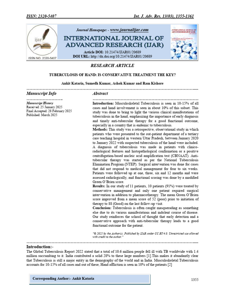 Conservative Treatment for Hand Tuberculosis | PDF | Tuberculosis | Finger