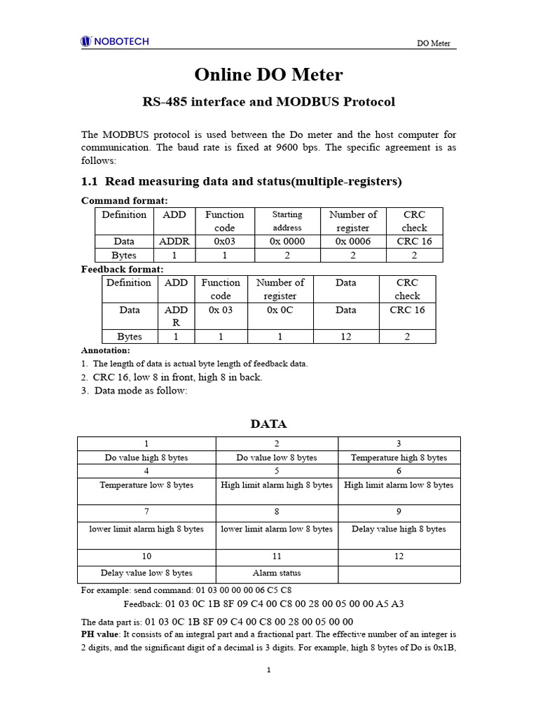 DO Meter MODBUS Protocol Guide | PDF | Computer Data | Data Transmission