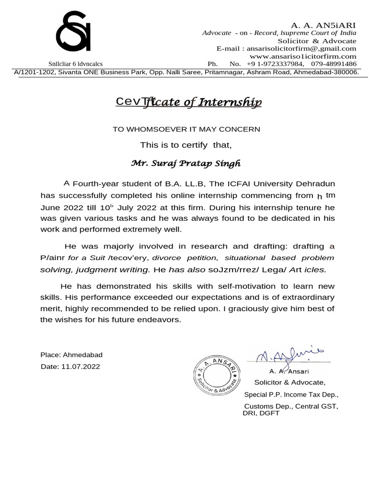 Internship Certification for Law Student | PDF