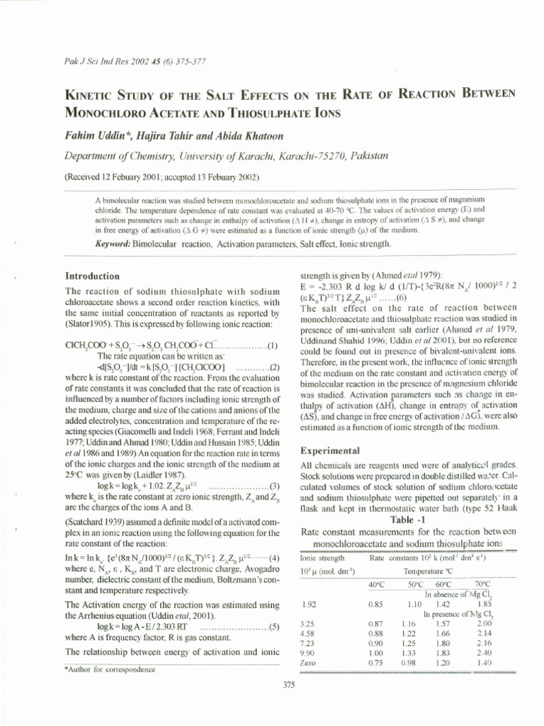 Salt Effects on Bimolecular Reaction Kinetics | PDF | Salt (Chemistry ...