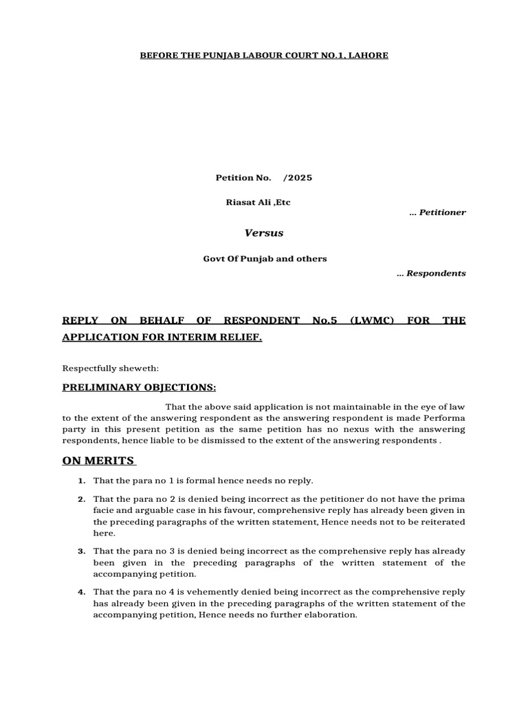 Punjab Labour Court Petition Reply | PDF | Public Law | Supreme Courts